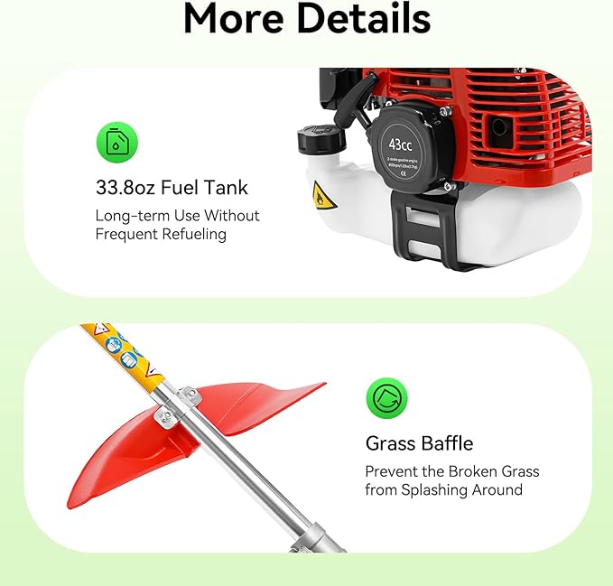 43CC Gas Powered Weed Gas Edger, 1250W Single-Cylinder Air-Cooled 2-Stroke Gasoline Engine Weed Trimmer with 2 Blade Heads, Gas Edger for Garden Lawn Grass Trimmer(8500r/min)