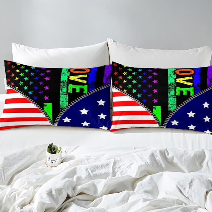 Erosebridal American Flag Comforter Set Rainbow Pride Bedding Set Twin Size for Teens Adult Women Bedroom,USA Federations Stars Stripes Down Comforter Kids Unique Zipper Design Duvet Sets, Colorful