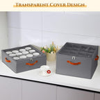Foyego Cup and Mug Storage Box, Grey, 2 Pack | 32 Adjustable Dividers, Hard Shell, with Transparent Lid, 3 Handles, Zippers, Stackable Storage Organizers for Packing&Moving