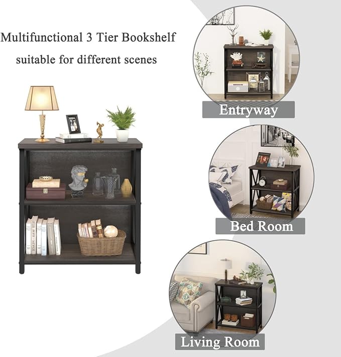 FATORRI Rustic Short 2 Shelf Bookshelf, Industrial Low Wood Bookcase, Farmhouse Small Book Case for Small Space (Walnut Brown)