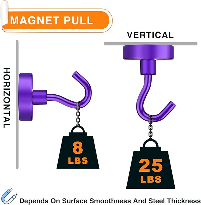 MIKEDE Magnetic Hooks Heavy Duty, 28Lbs Neodymium Magnets with Hooks for Refrigerator, 10Pcs Strong Cruise Hooks for Hanging, Magnetic Hanger for Grill, Toolbox, Storage - Purple