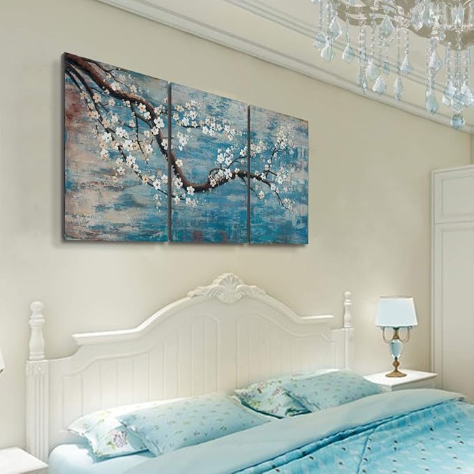 amatop Wall Art for Living Room 100% Hand-Painted Flower Oil Painting On Canvas Gallery Wrapped Large Framed Floral Plum Blossom Tree Teal Blue Artwork for Home Bedroom Decor 48"x24"