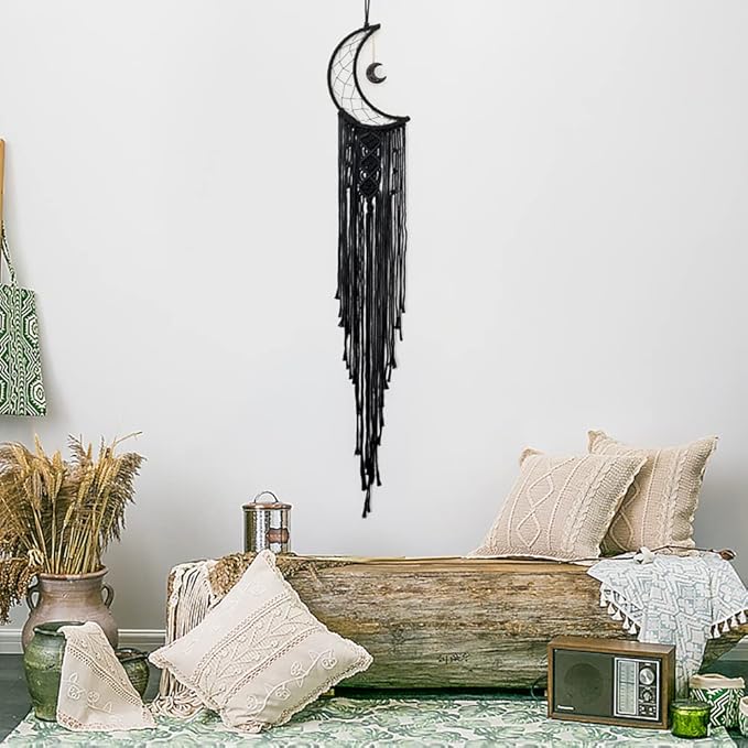 MOONFLY Black Moon Dream Catcher with Handmade Woven Cotton Dream Catchers Boho Macrame Wall Hanging Home Decoration Ornament Craft Gift (Black Moon)
