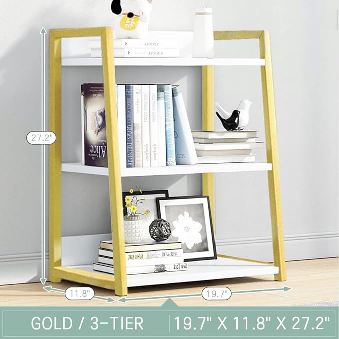 IOTXY 3 Tier Open Bookshelf - Steel and Wood Display Stand, 50CM Width Floor-Standing Bookcase, Gold