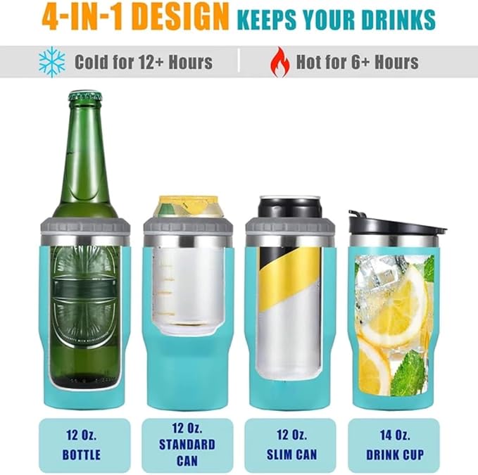 4 in 1 Stainless Steel Can/Bottle Insulator, 14oz Two-Way Lids SUS Insulated Can Cooler, Beer Bottle holder (Azure)