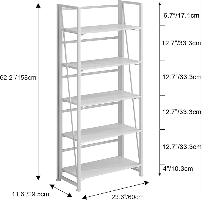 No-Assembly Folding Bookshelf Storage Shelves 5 Tiers Vintage Multifunctional Plant Flower Stand Storage Rack Shelves Bookcase for Home Office(All White)
