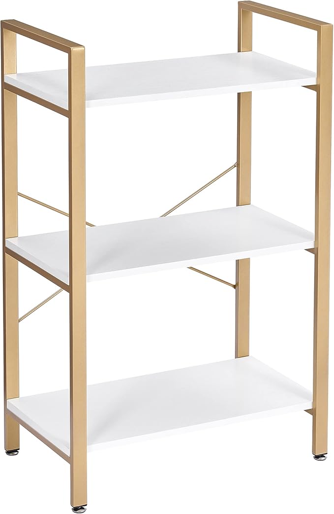 BEWISHOME 3 Tier Bookshelf, Modern Small Book Shelf for Small Spaces, White Gold Wooden Shelves for Bedroom Living Room and Home Office, 13.78" D x 24.12" W x 37.09" H, JCJ42M
