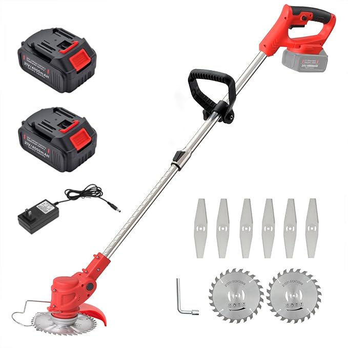 Weed Wacker Cordless Electric Brush Cutter Stringless Weed Eater with 2 Types Blades 2 Batteries Lightweight for Garden Yard Lawn Trimming/Pruning,1 Charger Red