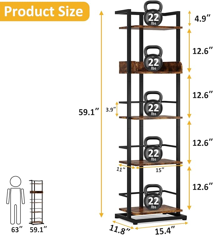Bookshelf 5-Tier Book shelf - Narrow Wood Bookcase Tall Corner Book Shelves Storage Organizer Display Book Rack for Living Room Bedroom Office Home (Rustic Brown)