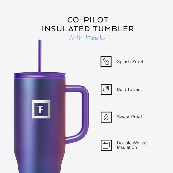 IRON °FLASK 40 oz Co-Pilot Insulated Travel Mug | Insulated Travel Mug with Straw & Flip Cap Lids - Cup Holder Fit, Leakproof, BPA Free (Clementine)