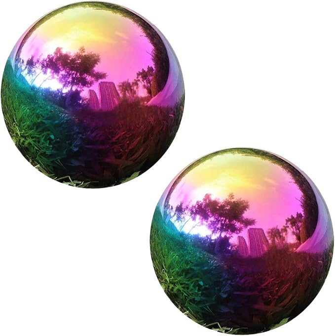 Kesywale Rainbow Gazing Globe Mirror Ball, Home Shiny Stainless Steel Gazing Balls for Gardens Yard Ponds, Pack of 2 (4 Inch)