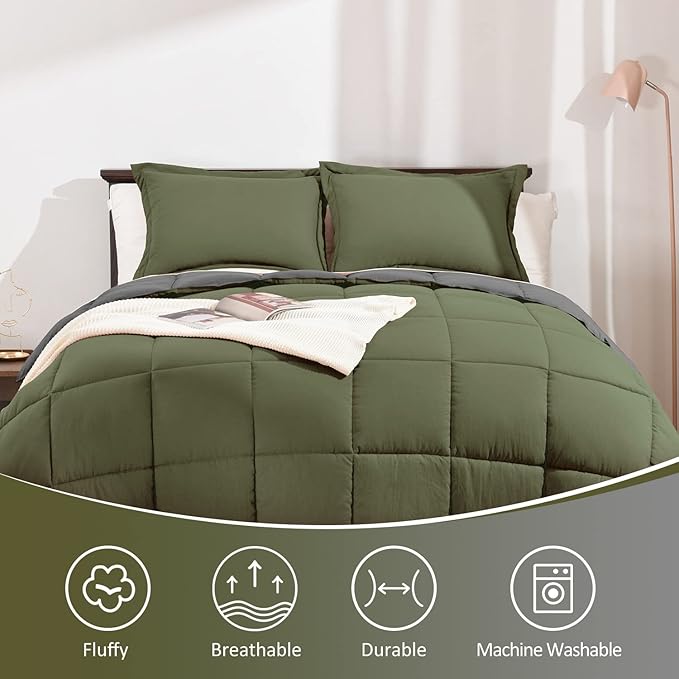 Basic Beyond Queen Comforter Set - Fluffy Comforter Queen Set for All Seasons - Reversible Olive Green Queen Comforter Set for Mens - 3 Pieces (1 Comforter + 2 Pillow Shams) - Olive Green/Drak Gray