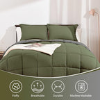 Basic Beyond Queen Comforter Set - Fluffy Comforter Queen Set for All Seasons - Reversible Olive Green Queen Comforter Set for Mens - 3 Pieces (1 Comforter + 2 Pillow Shams) - Olive Green/Drak Gray