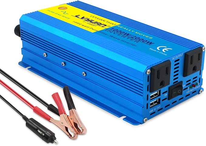 LVYUAN 1000 Watt Pure Sine Wave Inverter 12V to 110V 120V DC to AC with U.S. Outlet, USB Charger Ports, Car Power Inverter for Vehicles, RV, Outdoor, Home