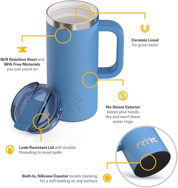 RTIC 16oz Road Trip Travel Mug with Lid and Handle, Insulated, Stainless Steel, Metal, Double Wall Vacuum-Insulation, Ceramic Lined, Portable Coffee, Tea Cup for Hot and Cold Drink, Denim