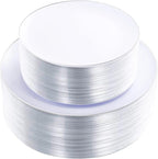KIRE 100PCS Silver Plastic Plates - Heavy Duty White Disposable Plates with Silver Rim for Party/Wedding - Include 50Pcs 10.25inch Dinner Plates and 50Pcs 7.5inch Dessert Plates for Christmas