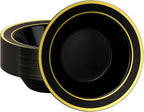 50 Pack Black Disposable Bowls with Gold Rim, 12oz Black Plastic Soup Bowls for Party, Wedding, Holiday,And Halloween