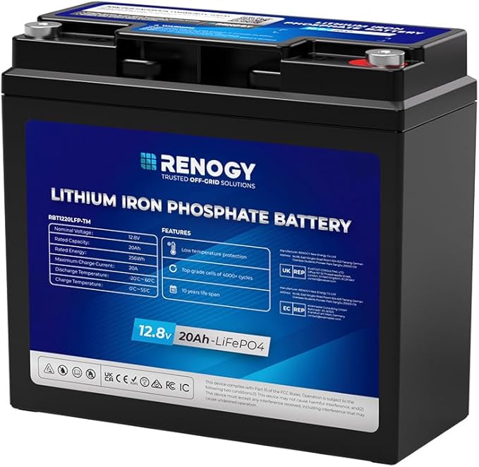 Renogy 12V 20Ah Trolling Motor Lithium Lifepo4 Battery, Built in 20A BMS, IP65 Waterproof Rated, 50% Lighter Deep Cycle Battery for kayaks, scooters, or emergency kits