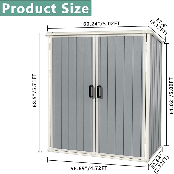 Aoxun Outdoor Storage Shed 5 x 3FT, Resin Shed with Floor and Lockable Door, Plastic Sheds for Garbage Can, Tool, Accessories, Lawn, Garden - Grey