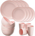 Quatish 16 Piece Plates and Bowls Sets for 4, Unbreakable Dinnerware Sets, Plastic Dish Set for Camping, Dishwasher Microwave Safe, Outdoor Kitchen and Apartment Dorm Dinning RV Essentials, Pink