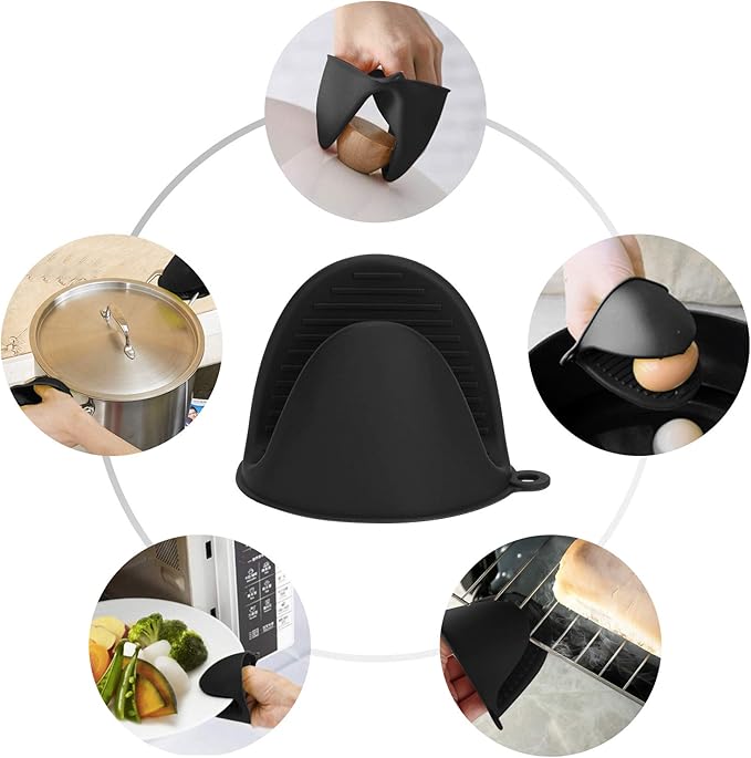 tifanso Silicone Oven Mitts Pot Holders Sets for Kitchen Heat Resistant Small Kitchen Mittens Rubber Air Fryer Mitts Mini Pot Pinch Grip for Cooking and Baking 1 Pair (Black)