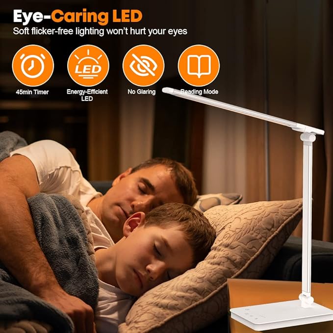 Desk Lamp Eye-Caring LED Table Lamp Dimmable Bedside Lamp with 2 USB Charging Ports and 10 Brightness Levels x 5 Colour Modes Touch Control Daylight Lamp for Office, Bedside, Reading- Auto Timer