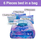 Btargot Lightweight Microfiber 6 Piece Comforter Set, Tie Dye Galaxy Constellation Pattern Bedding Set for Boys Girls Teen, Queen Blue Purple
