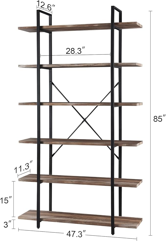 HOMISSUE Bookshelf,6-Tier Tall Bookshelf Industrial Bookcase and Bookshelves,Rustic Storage Rack with Open Shelves for Living Room Bedroom and Kitchen