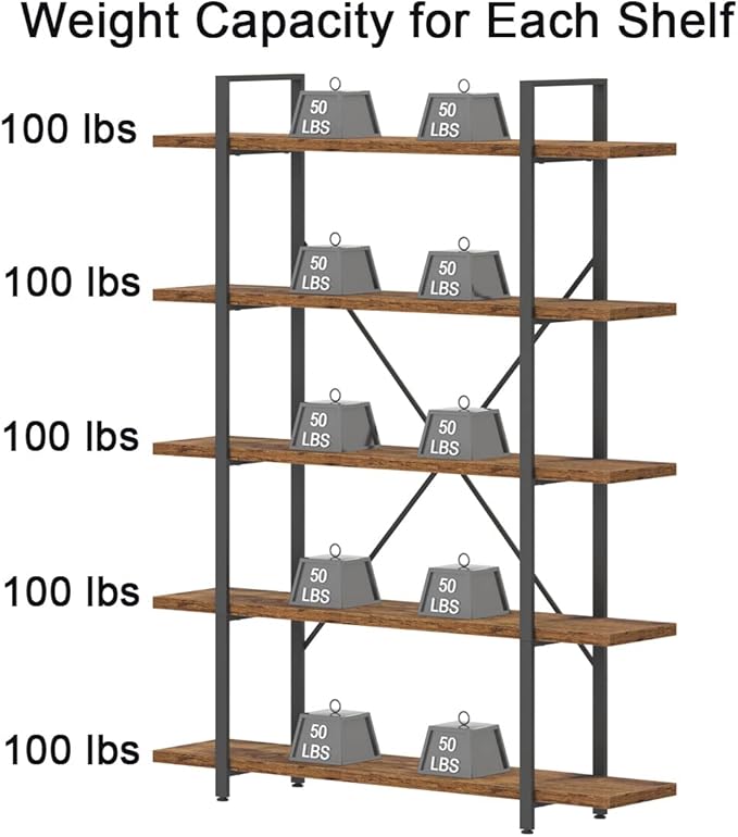 HSH Rustic Bookcases and Book Shelves 5 Shelf, Metal Wood 5 Tier Bookshelf and Storage Book Rack, Vintage Large Book Shelf for Bedroom Living Room Office,Open Vertical Display Etagere Book Case, Brown