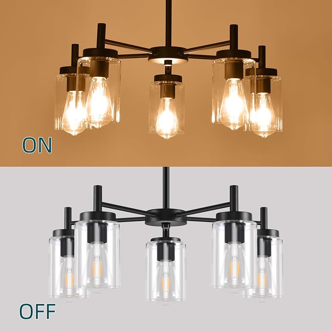 5 Lights Black Modern Farmhouse Chandelier for Dining Room with Glass Shade, Pre-Wired Height Adjustable Pendant Light Ceiling Lighting Fixture for Dining Living Room Bedroom Kitchen Foyer
