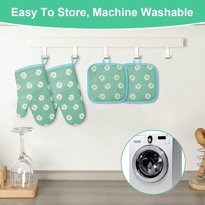 AUAUY Oven Mitts and Potholders, BBQ Gloves Heat Resistant, 1 Pair Oven Mitts and 2 Pot Holders, Cotton Non-Slip Cooking Gloves Home Essentials for Cooking Baking Kitchen Microwave Pizza (Daisy-Green)