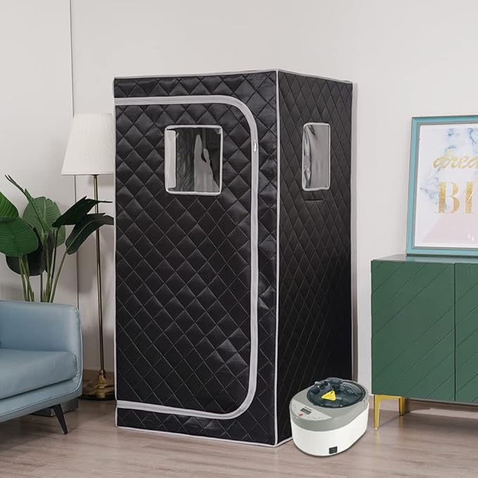Smartmak Portable Home Steam Sauna, Full Size Personal Sauna Spa Box, Single Saunas Tent with Steamer, 4L 1500W Steam Generator 99 Min Timer, Remote Control, Upgraded Foldable Chair, Mat, Grey Border