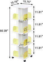 VECELO Rotating Bookshelf with Brake Wheels, 360°Display 4 Tier Floor Stackable Spinning-Bookshelf Tower for Kids&Adults, Revolving Bookcase for Small Space,Corner(White)