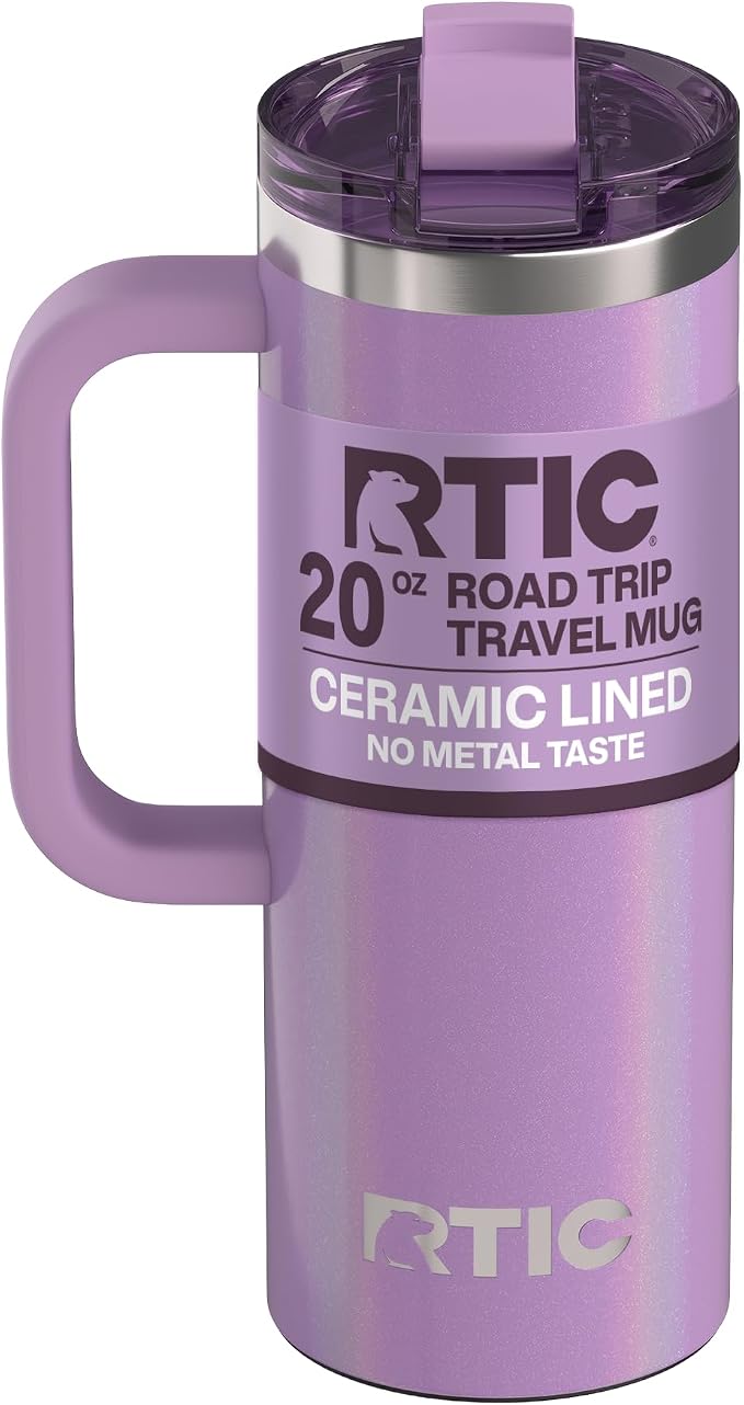 RTIC 20oz Road Trip Travel Mug with Lid and Handle, Ceramic Lined, Insulated, Stainless Steel, Metal, Double Wall Vacuum-Insulation, Portable Coffee, Tea Cup for Hot and Cold Drink, Lavender Glitter