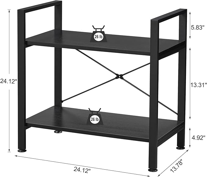 BEWISHOME 2 Tier Small Bookshelf, Black Industrial 2 Shelf Wooden Storage Bookcase with Metal Frame, Mini Shoe Rack with Short Shelves for Hallway, Bedroom, Living Room and Home Office JCJ52B