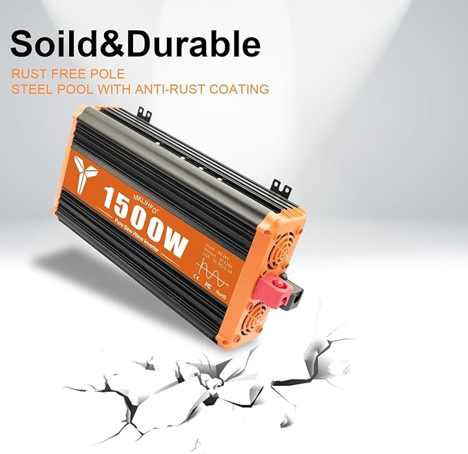 1500 Watt Pure Sine Wave Power Inverter 24V DC to 120V AC, 3000W Surge Peak Power, Inverter for RV, Truck, Solar, Campers with 2 AC Outlet, 5V 2.0A USB, Remote Control Compatible with Lithium