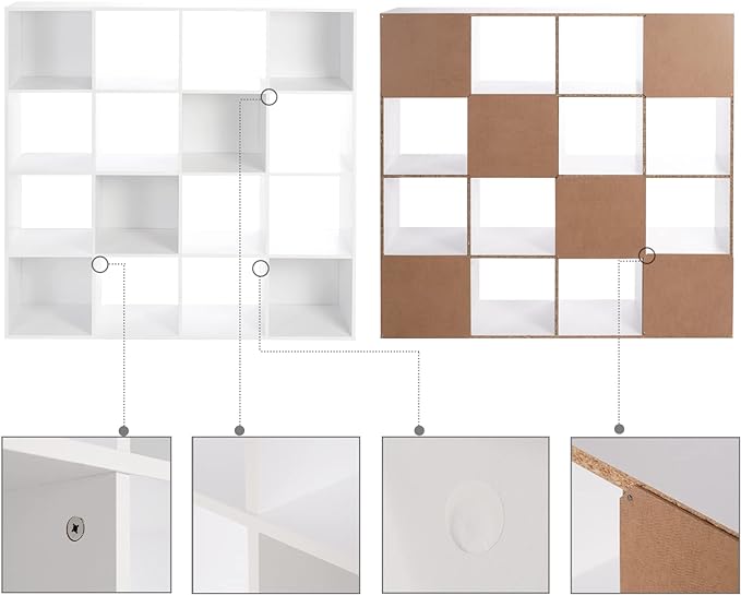 PACHIRA E-Commerce US Toy Storage Shelf, 16-Cube White Wooden Storage Organizer Bookcase Fits 11“x11”x11“ Storage Bin, Bookshelf System Display Compartments, Sturdy Room Cube
