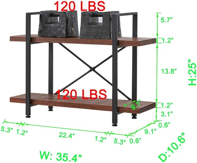 HSH Natural Real Wood Bookshelf, 2 Tier Small Rustic Vintage Industrial Etagere Bookcase, Low Open Metal Farmhouse Solid Wooden Book Shelf, 2 Shelf Bookcase for Living Room Bedroom, Distressed Brown
