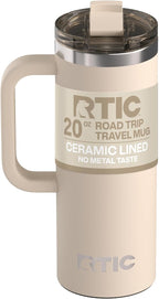RTIC 20oz Road Trip Travel Mug with Lid and Handle, Ceramic Lined, Beach | Stainless Steel Metal, Insulated Travel Cup for Hot and Cold Drinks, Coffee, Car, Camping and Travel