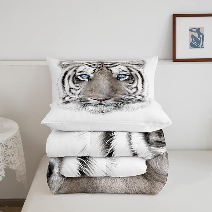 Erosebridal Boys Tiger Comforter Set Queen Size, Wild Animal Print Down Comforter for Boys Girls Teens Adult Bedroom, Grey Tiger Skin Duvet Insert Black White Stripe Bedding Comforters for Bedroom