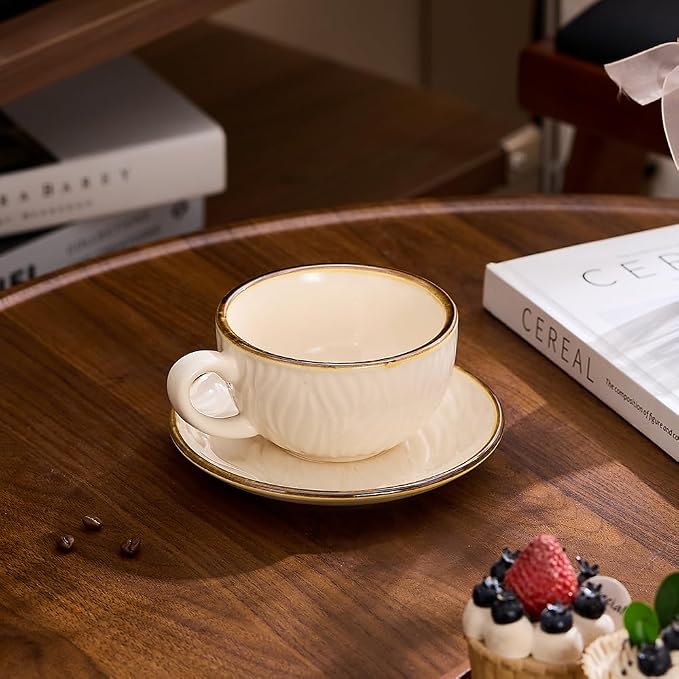 Coffeezone Vintage Design 12 oz Ceramic Latte Art Cappuccino Barista Cup with Saucer (Wave Beige)