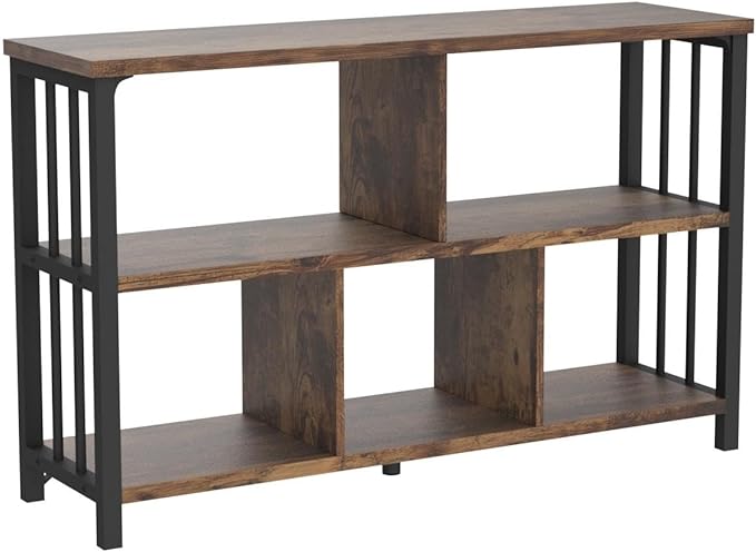 IBF Farmhouse 3 Tier Open Book Shelf, Wood and Metal 5 Cube Storage Organizer, Modern Low Horizontal Bookshelf for Bedroom Living, Long Wide Office Cubby Bookcase with Storage, Rustic Brown, 47 Inch