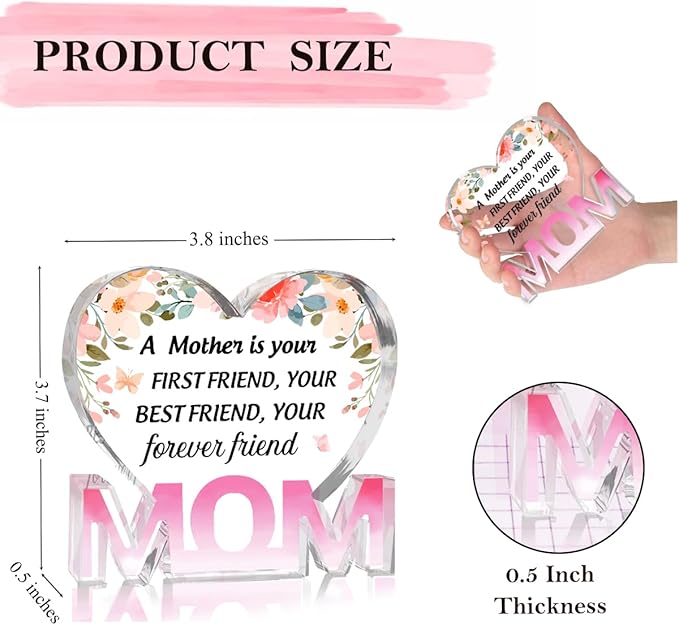 Mothers Day Gifts Best Mom Gifts -Gifts for Mom from Daughter Son - Best Mom Ever Gifts Unique Mother Birthday Acrylic Heart-Shaped Plaque Desk Decorations Present for Mom Christmas Anniversary
