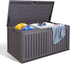 100 Gallon Outdoor Storage Box Waterproof, Resin Deck Box with Dual-Wall, Patio Cushion Storage Box for Garden Tools, Pool Supplies, Toy