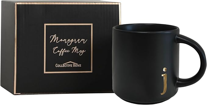 COLLECTIVE HOME Black Ceramic Coffee Mug, 15 oz Golden Monogram Tea Cup (j) | Personalized Halloween Mug with Gift Box, Dishwasher Safe, Birthday Present, Christmas Thanksgiving Mothers Day Gifts