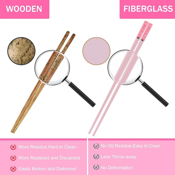 Chopsticks Reusable Dishwasher Safe, GLAMFIELDS 10 Pairs 9.5 Inches Premium Fiberglass Chop Sticks Set for Sushi, Ramen, Asian Cuisine, Non-slip, Pink