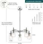 5 Lights Brushed Nickel Modern Farmhouse Chandelier for Dining Room with Glass Shade, Pre-Wired Height Adjustable Pendant Ceiling Lighting Fixture for Dining Living Room Bedroom Kitchen Foyer
