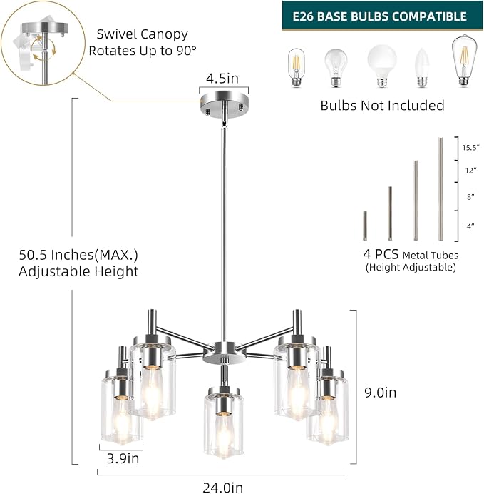 5 Lights Brushed Nickel Modern Farmhouse Chandelier for Dining Room with Glass Shade, Pre-Wired Height Adjustable Pendant Ceiling Lighting Fixture for Dining Living Room Bedroom Kitchen Foyer
