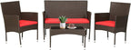 FDW 4 Pieces Wicker Patio Conversation Set Patio Furniture Set with Rattan Chair Loveseats Coffee Table for Outdoor Indoor Garden Backyard Porch Poolside Balcony,Brown Wicker/Red Cushions