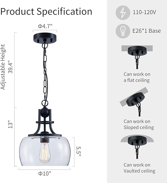 WUZUPS Chandelier Rustic Farmhouse Industrial Round Ceiling Pendant LED Light Fixture with Clear Glass Shades for Dining Room Kitchen Island Foyer Entryway, H 13" x W 10", E26 Base, Black